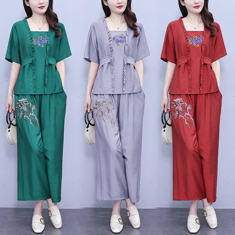 Retro National Style Embroidery Fashion Short Sleeved T-Shirt + Wide-Leg pants Suit Summer Plus Size Loose Two-Piece 2PCS