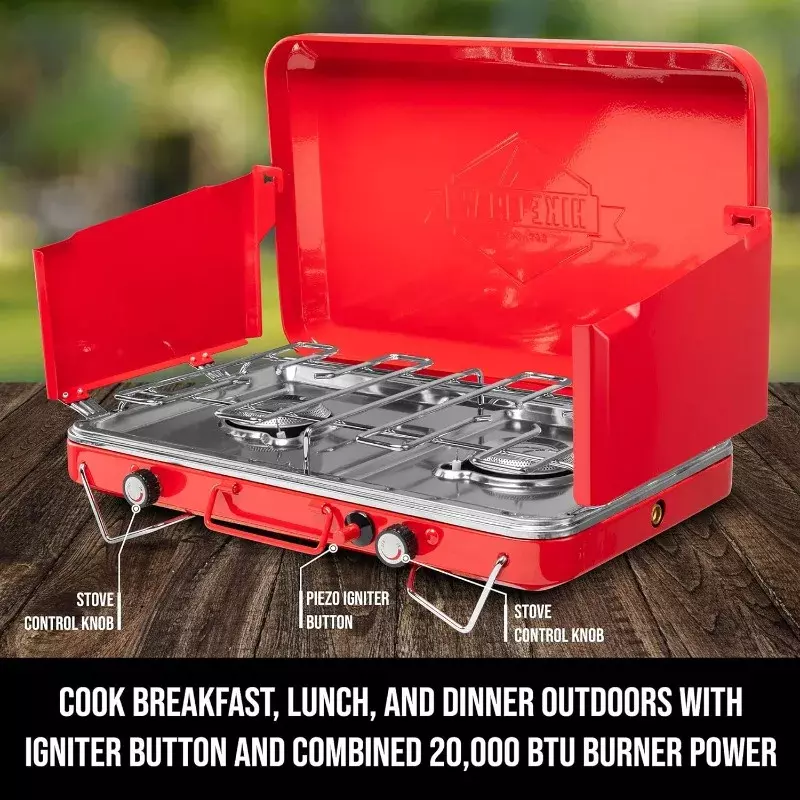 Hike Crew Gas Camping Stove | 20,000 BTU Portable Propane 2 Burner Stovetop | Integrated Igniter & Stainless Steel Drip Tray