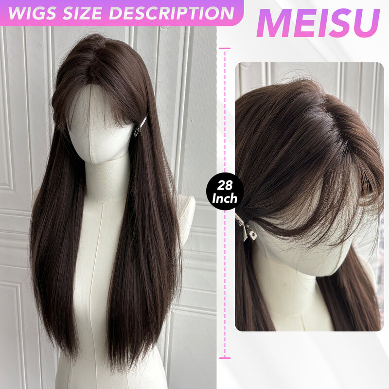 Meisu-女性用ブラウンフロントレースウィッグ、ストレートファイバーウィッグ、合成、耐熱性、リアルなカーリーウィッグ、パーティー、28インチ