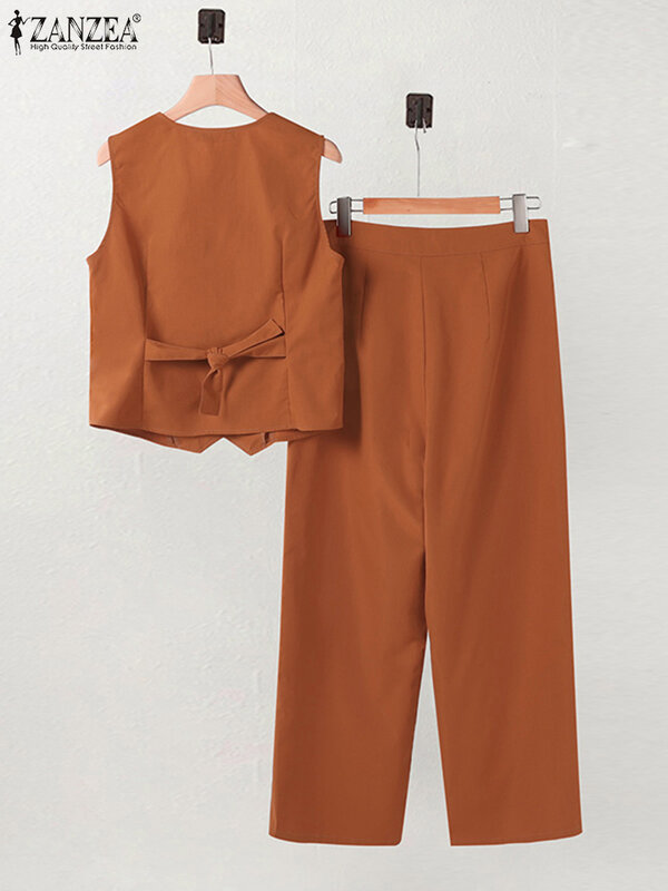 ZANZEA-Tops e calças sem mangas para mulheres, conjuntos sólidos de calças de trabalho OL, fato de treino solto, moda elegante, verão, 2 peças