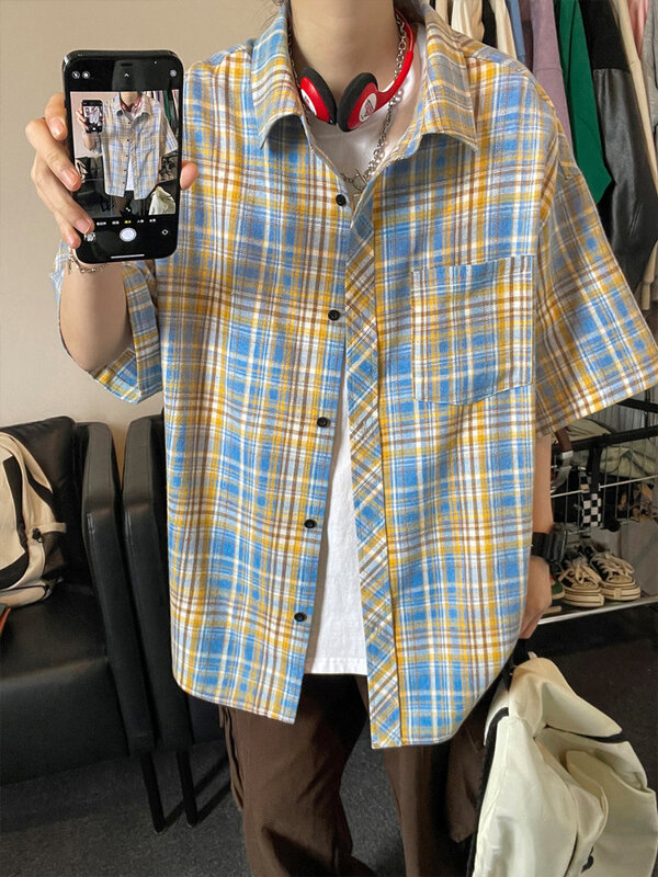 Camisa xadrez de peito único masculina, manga longa, hipster vintage, lazer, gola virada para baixo, bolsos confortáveis, ajuste estilo coreano, primavera