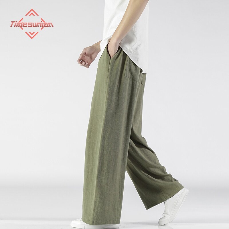 2024 letnie męskie spodnie bawełniane lniane spodnie na co dzień w jednolitym kolorze oddychające spodnie z luźna szeroka nogawkami proste spodnie męskie