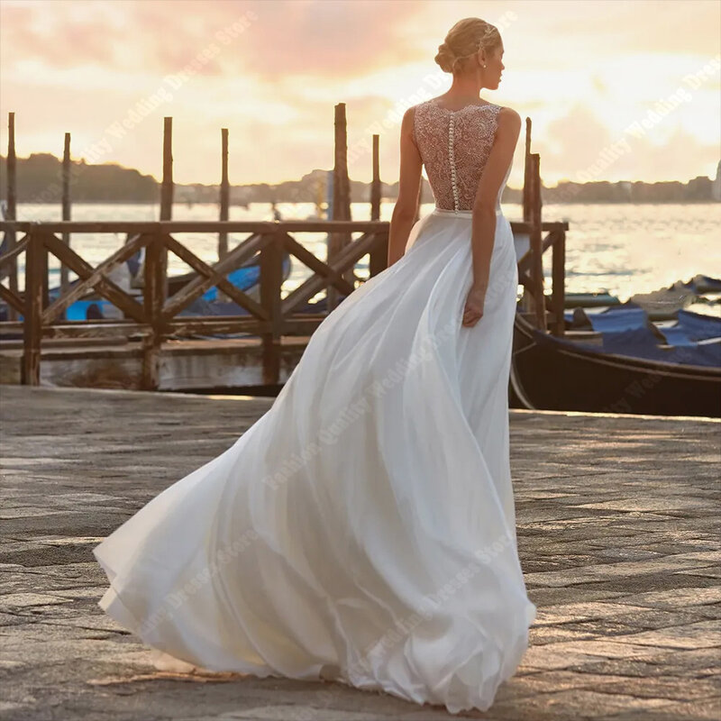 Gaun pernikahan wanita permukaan Tulle bersinar gaun pengantin tanpa lengan V rendah seksi gaun pengantin wanita Motif renda terang Vestidos De Novias