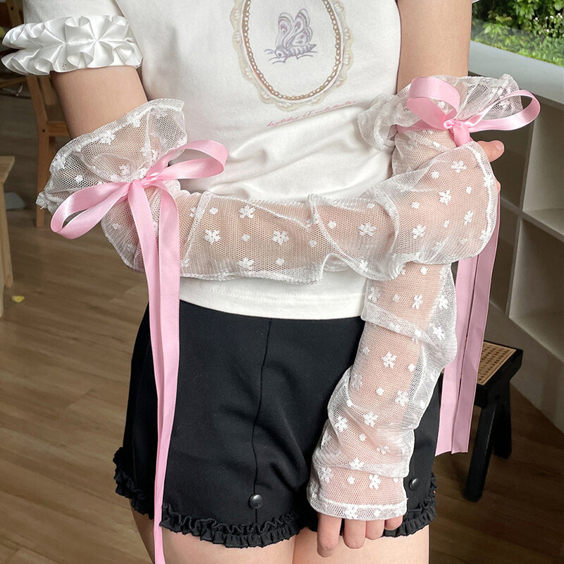 Lace Armbands Summer Breathable Sun Protection Lolita Hollow Ribbon Sun Protection Driving Gloves Sun Protection Armbands