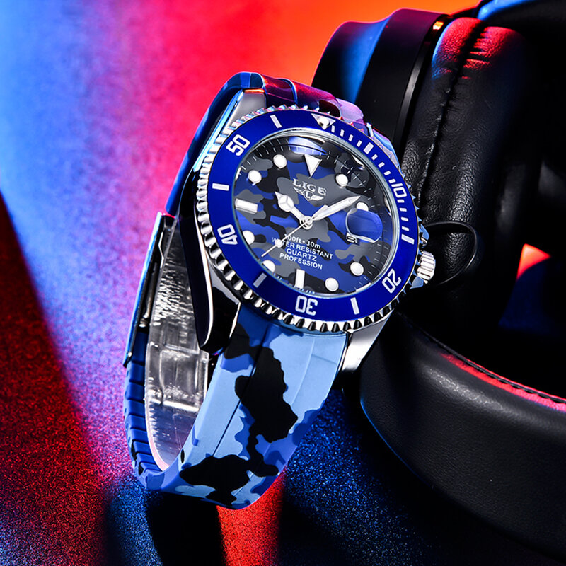 Часы наручные LIGE Мужские кварцевые, модные брендовые Роскошные камуфляжные в стиле милитари, с силиконовым ремешком