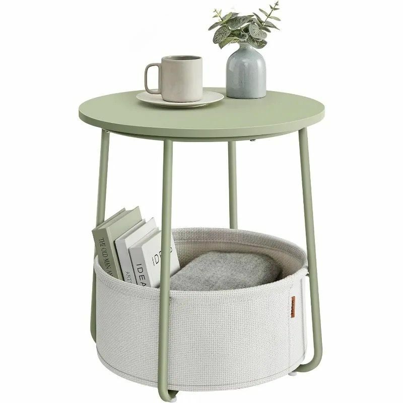 Small Round Side End Table, Modern Nightstand with Fabric Basket, Bedside Table for Living Room Bedroom