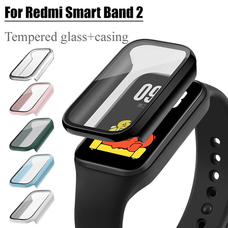 Redmi Mi Band 2用の強化ガラススクリーンプロテクター,ハードケース,ストラップ,保護アクセサリーを備えたフルカバーケース