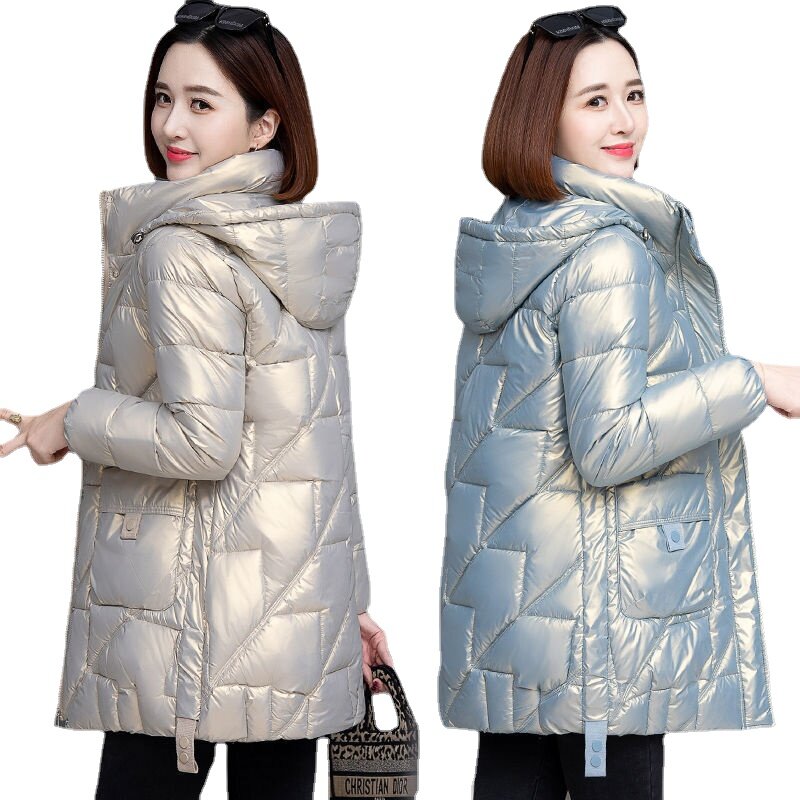 2023 nova brilhante para baixo algodão jaqueta feminina inverno solto meados de comprimento com capuz quente engrossar outwear casual feminino parkas casaco