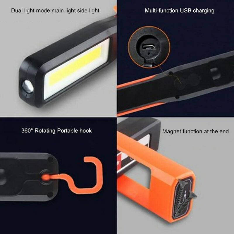 강력한 COB LED 작업등, 자동차 차고 정비등, USB 충전식 손전등, 마그네틱 토치, 비상등 경고등