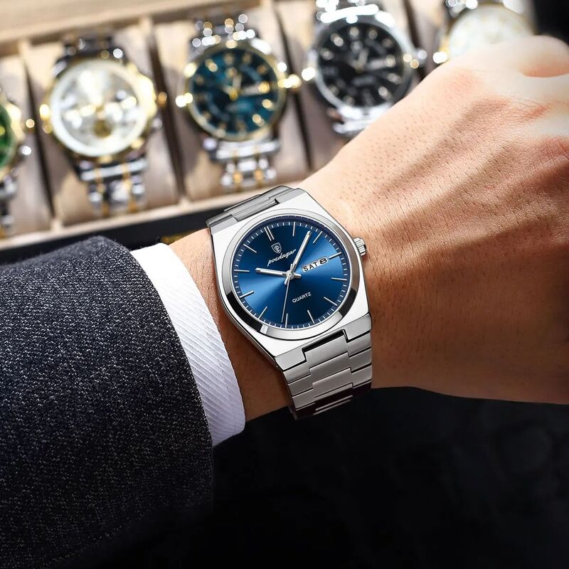 POEDAGAR luksusowy zegarek męski wodoodporny świecący na randkę ze stali nierdzewnej zegarek męski na co dzień kwarcowe zegarki męskie