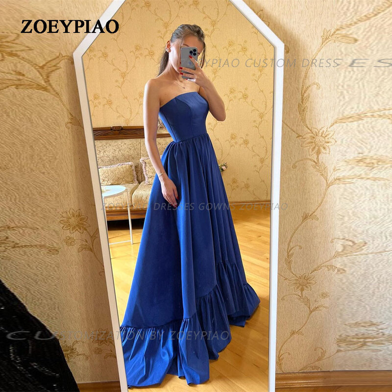 Royal Blue Satin Long Prom Dresses Strapless Sleeveless Evening Dresses Gown Pleated A-Line Long Formal Event Simple Gowns