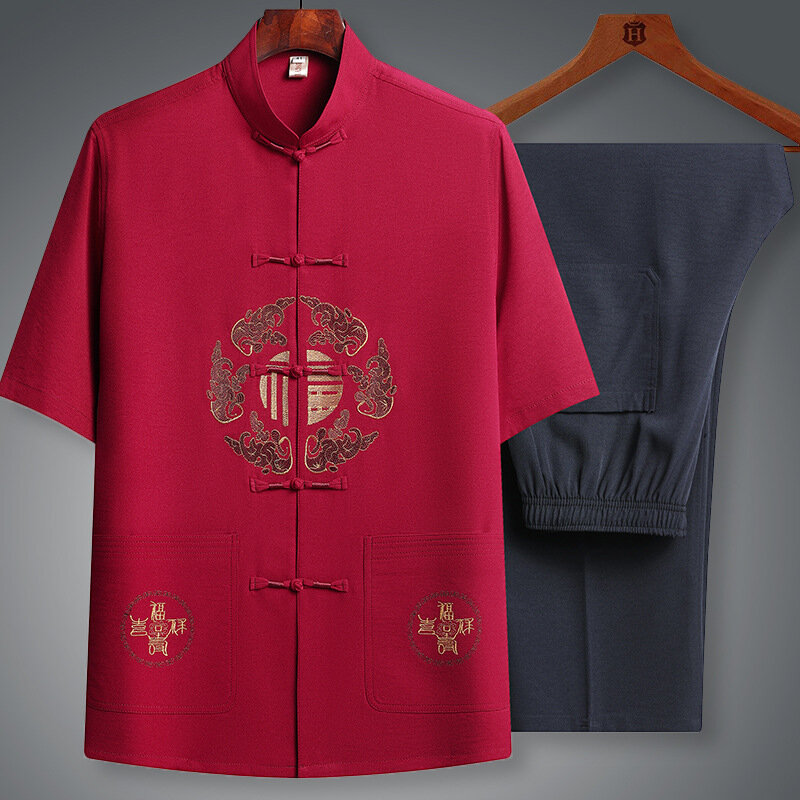 Традиционная китайская одежда Тан, костюм кунг-фу, модная повседневная футболка с вышивкой и штаны, удобный мужской комплект в стиле крыла Чуна Тай Чи