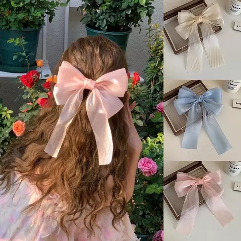 Clipe de cabelo fita grande arco para meninas, fita simples, elegante clipe de cabelo, acessórios retrô para cabelo azul e rosa, primavera e verão