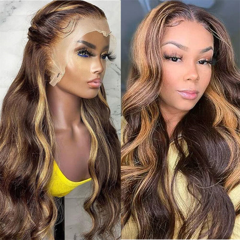 13x4 Highlight Body Wave Lace Frontal Human Hair Wig 13x6 Transparent Hd Pre Plucked Lace Front 30 Inch Glueless Wigs For Woman