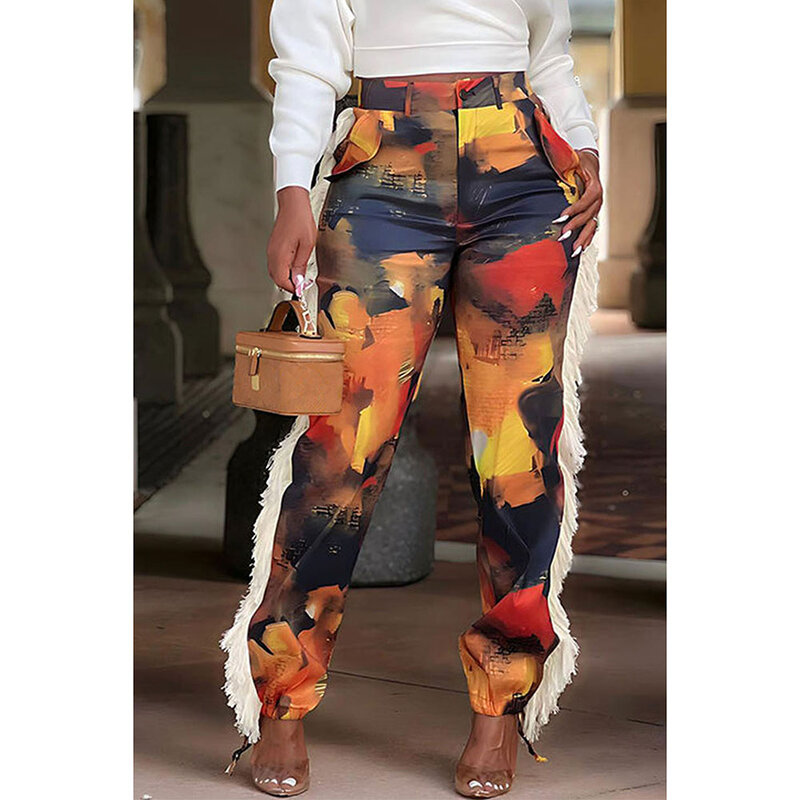 Codzienne spodnie Plus Size casualowe wielokolorowe graficzne ozdoby jesienno-zimowe satynowe spodnie z kieszeniami