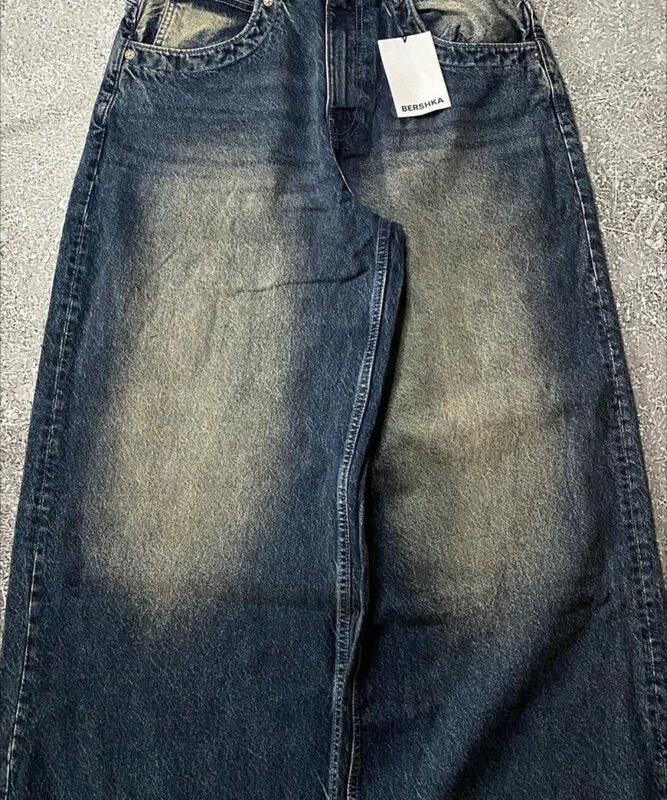Mode Hip Hop Pocket Letter Herren lässig gerades Bein breit bestickte Beinhose y2k Mode klassische einfache Jeans mit hoher Taille