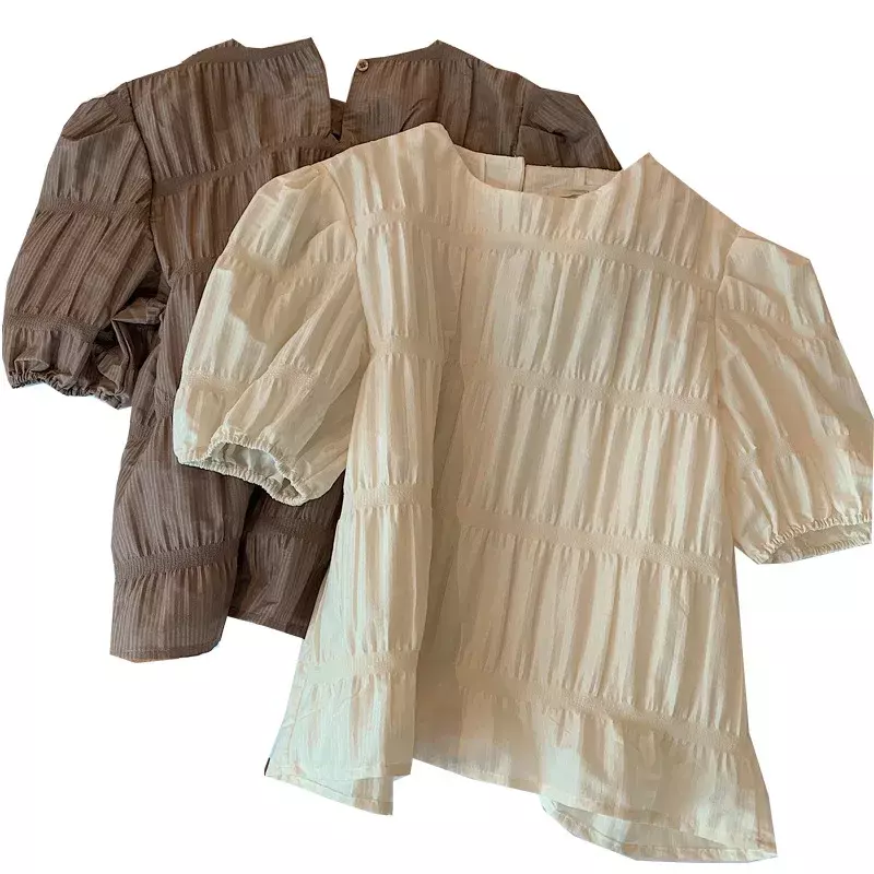 Женская рубашка с коротким рукавом, летняя простая однотонная блузка с пузырьковыми рукавами
