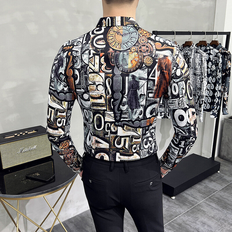 New Fashion Men Long Sleeve Vintage Number Print Shirts For Mens Social Luxury Man Designer Clothes Hawaiian Shirt Chemise Homme