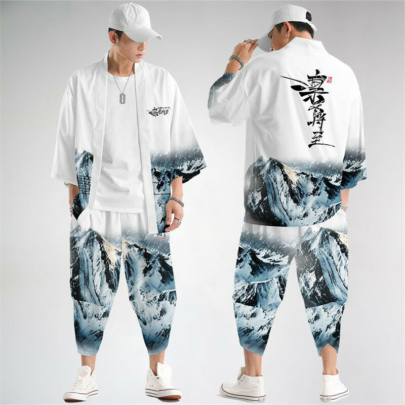 Terno de duas peças masculino, quimono e calça, blusa cardigã, Haori Obi, roupas asiáticas, tamanho grande XXS-6XL, moda, estilo japonês