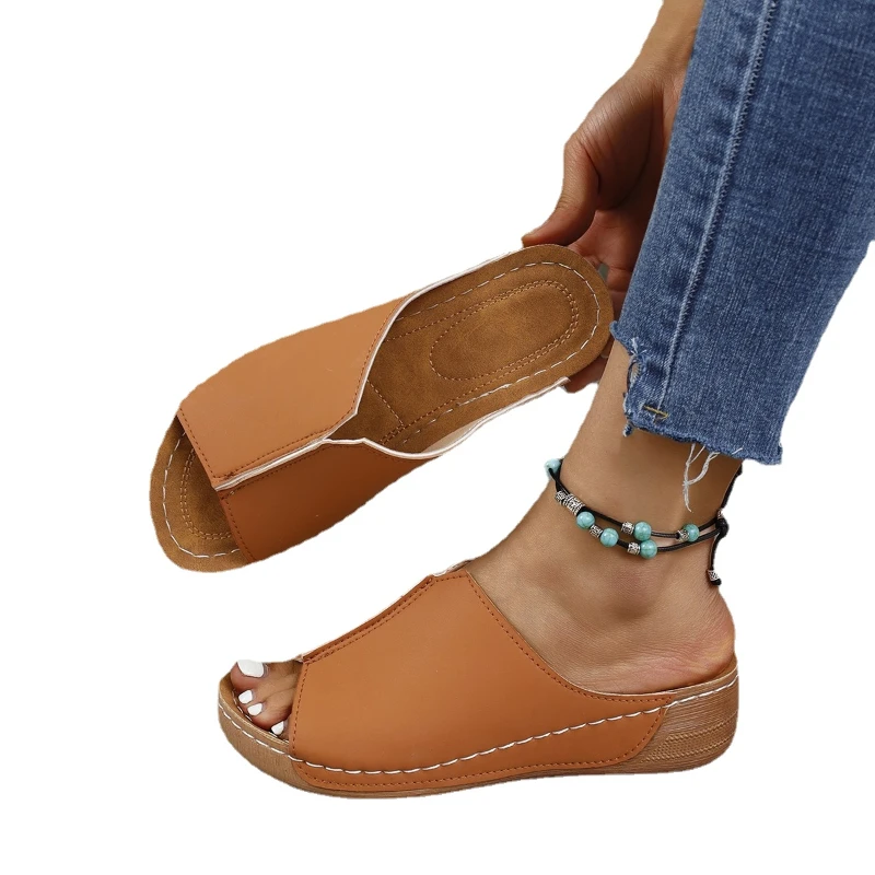 Zapatillas modernas y concisas para mujer, zapatos de tacón medio exterior, cuñas de color liso, gran oferta, verano, 2024