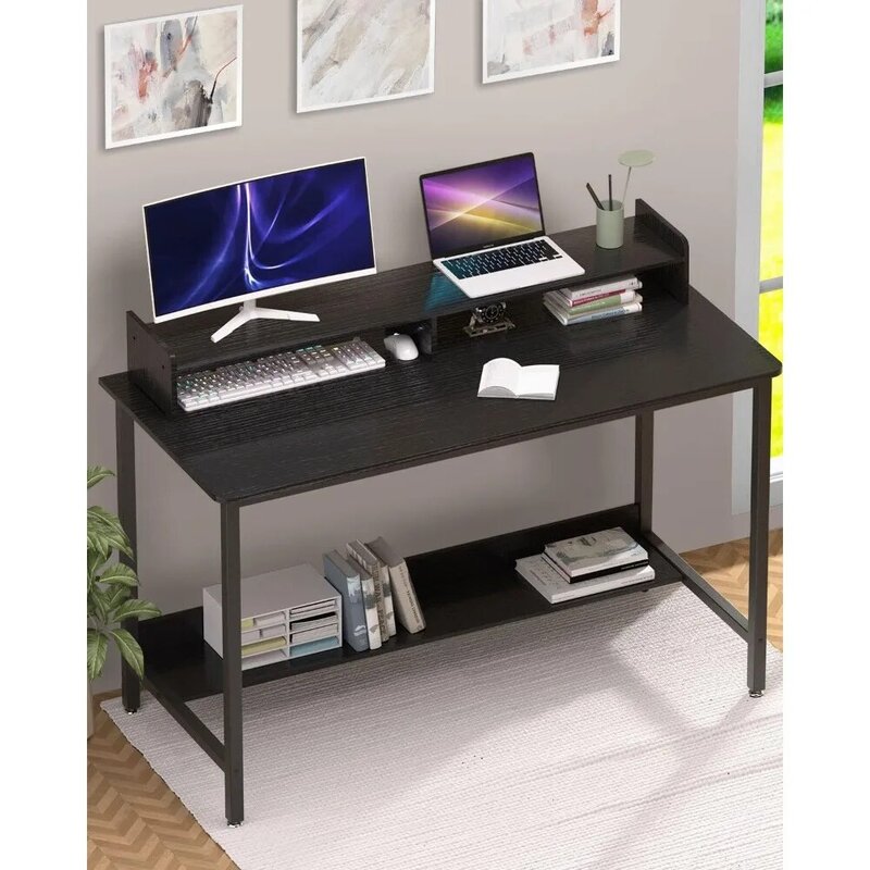 Table d'étude PC avec rangement pour bureau à domicile, bureau de jeu, bureau, salon, chambre à coucher, cadre en métal, noir, 43 pouces