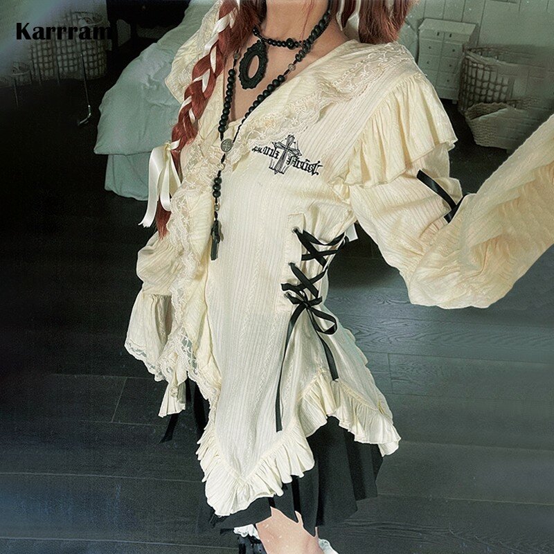 Karrram Y2k Aesthetics Lace Shirt Grunge Gothic Irregular Blouses Fairy Harajuku Bandage Shirt Vintage Lolita Clothes Mall Goth
