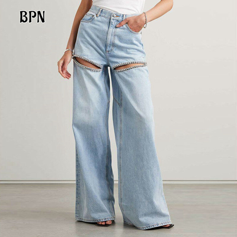 BPN Casual Hollow Out Jeans For Women High Waist Patchwork Diamonds Minimalist Solid Loose Wide Leg Denim Pants Female Clothing