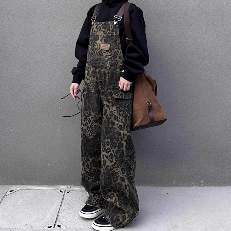 Macacão leopardo vintage feminino, streetwear coreano, jean largo de cintura alta, calça jeans longa, macacão Harajuku Y2K, moda primavera