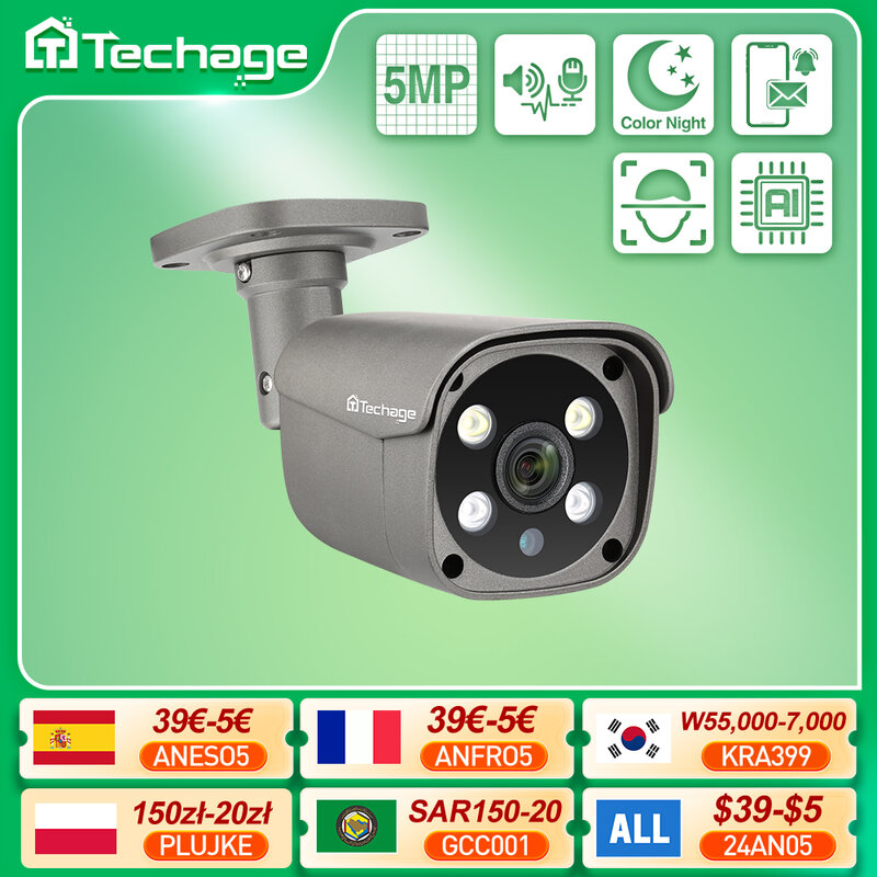 Techage-cámara de seguridad IP H.265, videocámara de 5MP, 4K, POE, detección humana, Audio bidireccional, vigilancia de vídeo, IA, para sistema NVR