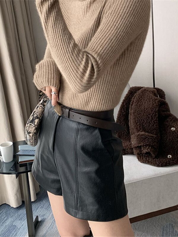 PU กางเกงขาสั้นผู้หญิง Minimalist ย้อนยุคบริสุทธิ์ Basic สไตล์เกาหลีลำลองสุภาพสตรีแฟชั่น All-Match ฤดูใบไม้ร่วงคลาสสิก Elegant Daily กางเกง
