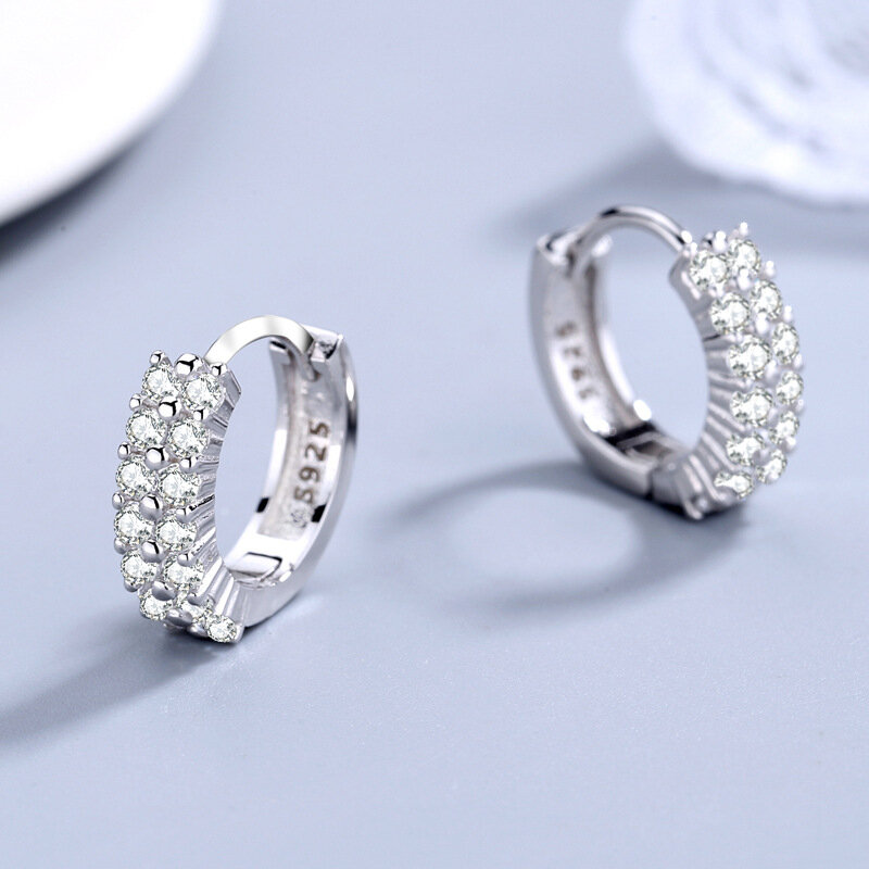925 Sterling silver needle New Ladies Fashion High Quality Jewelry Double Row Crystal Zircon Round Silver Plated Stud Earrings