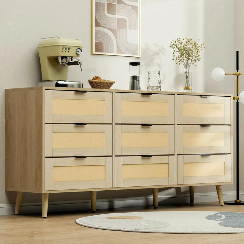 Rattan Dresser,Storage Dresser for Bedroom with 9 Drawers,Modern Wood Drawer Dresser, Chests of Drawers with Metal Handles