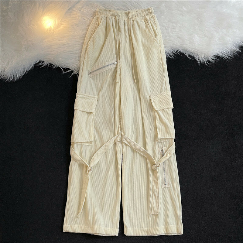Spodnie Cargo Men Streetwear popularne modne wstążki w stylu amerykańskim zamek błyskawiczny luźne wiosenne jesienne spodnie pionowe dla nastolatków przystojny