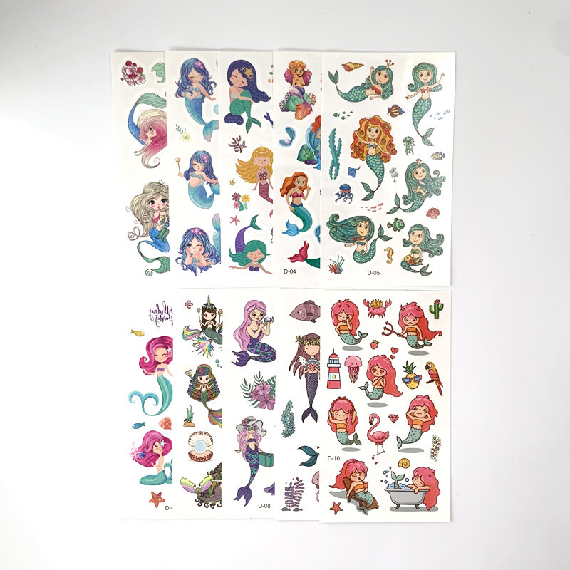 10 Sheets/Set Children's Cartoon Mermaid Tattoo Stickers Waterproof Cute Funny One-time False Tattoo for Kids Girls Gift
