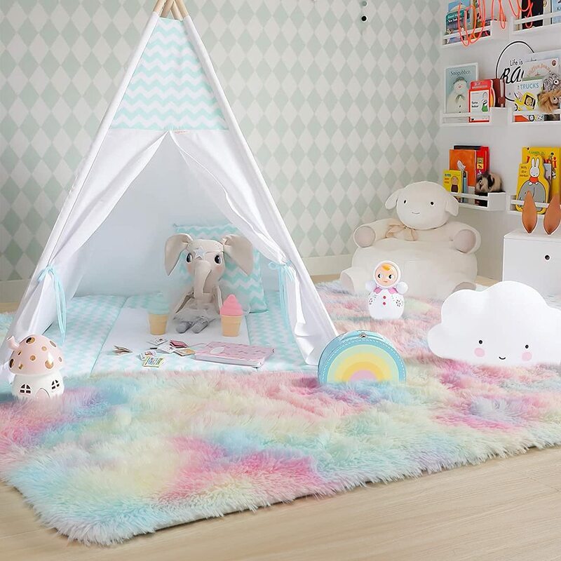 Hairy Rainbow Rugs for Children Bedroom Soft Furry Carpets Living Room Kids Baby Room Nursery Playroom Cute Room Decor Area Rug