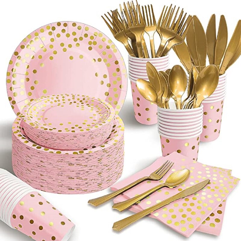 Assiettes en papier rose et or à pois dorés, serviettes, vaisselle jetable pour fête prénatale, mariage, anniversaire