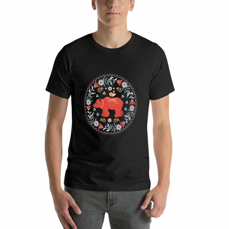 A Bear and a Little Chick. Scandinavian style. Folk Art. T-Shirt oversizeds boys animal print mens graphic t-shirts