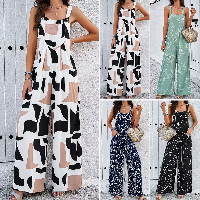 Sleeveless Bare Shoulder Jumpsuits for Women Summer Floral Printed Jumpsuits Women Retro Wide Leg Pockets Overalls for Women