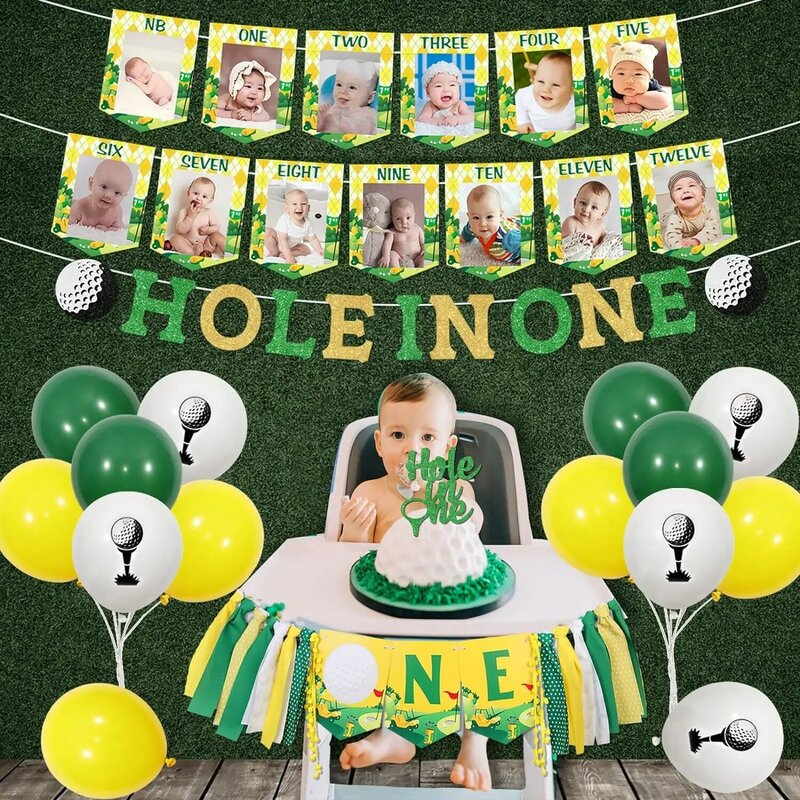 Balões de golfe para meninos, 1 ° Decoração de aniversário, buraco em um banner, foto cadeira alta banner, festa temática esportiva
