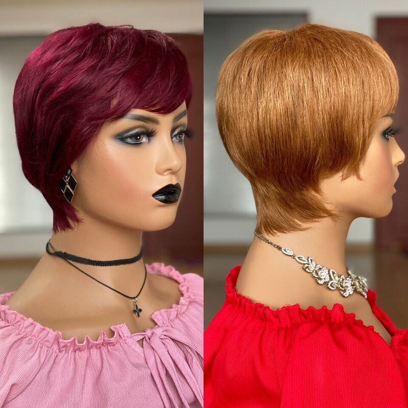 99J Short Pixie Cut Wig Straight Human Hair Wigs With Bangs Brazilian Remy Hair Full Mahine Made Wigs