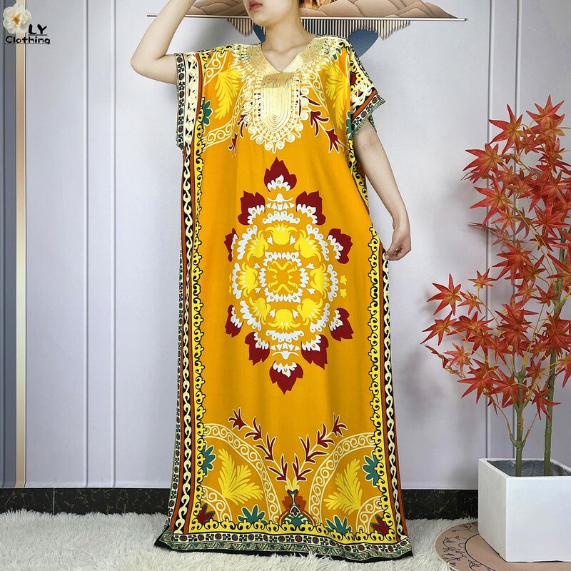 Новые летние платья с коротким рукавом, хлопковые свободные Макси-платья Boubou с цветочным принтом, мусульманское женское платье 2024, африканская абайя, традиционная одежда