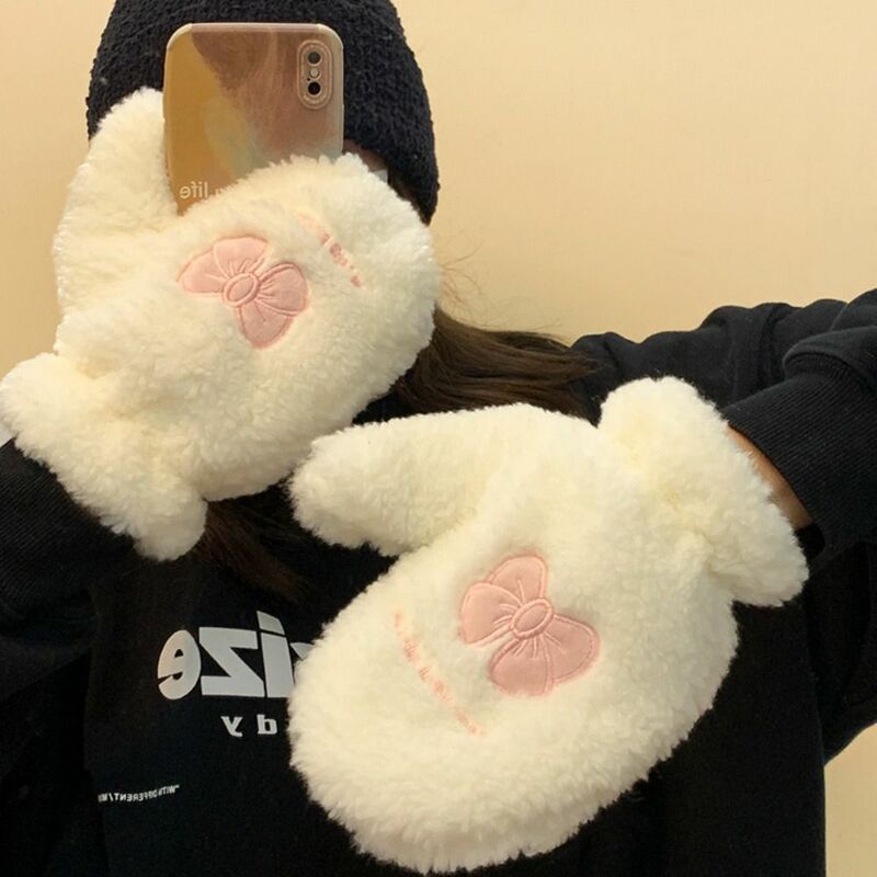 Warm Bow Plush Gloves Japanese Thicken Soft Student Knitted Gloves Kawaii Bear Cute Gloves Riding