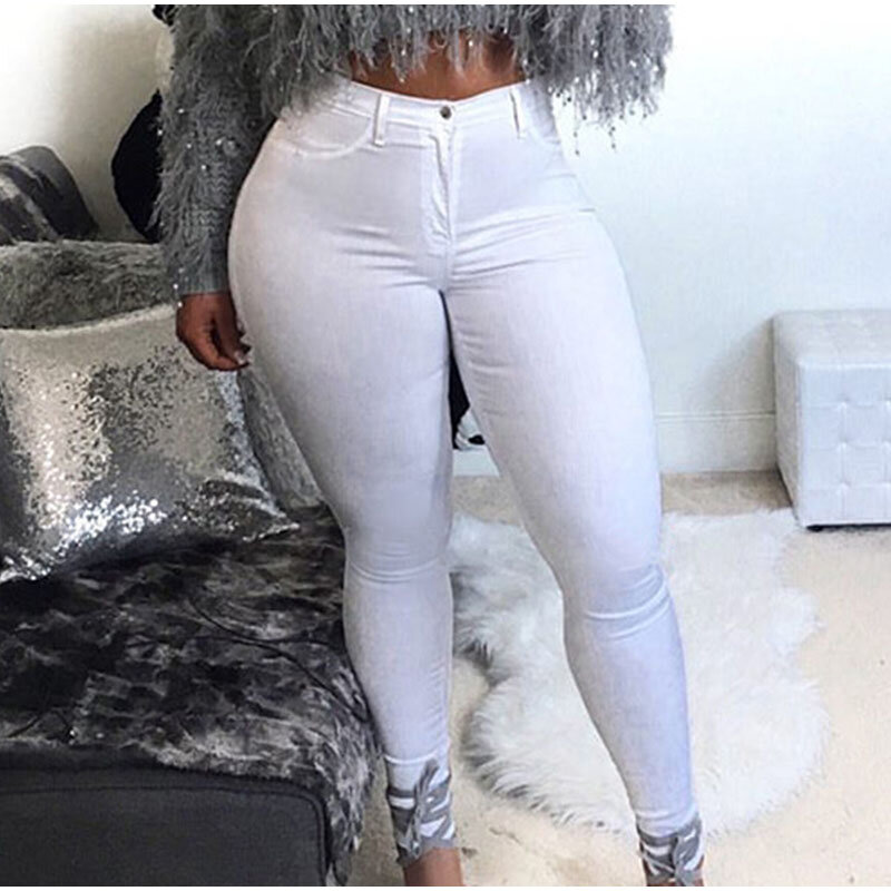 Plus Size High Waist Stretchy Skinny White Basic Casual Jeans 4XL Distressed Bodycon Pencil Denim Pants Lady Indie Trousers Jean