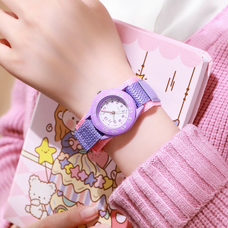 นาฬิกาสปอร์ตสำหรับเด็กผู้หญิงแบบหมุนได้สายรัดไนลอนแบบเวลโคขนาด31มม. เป็นของขวัญสำหรับเด็ก