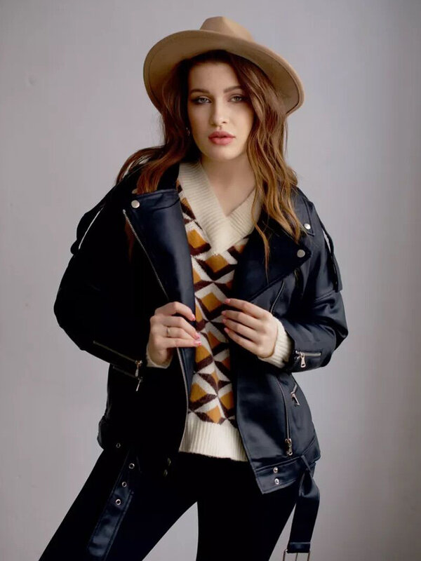 Jaqueta Fitaylor-PU de couro sintético feminina, faixas soltas, jaquetas casuais de motoqueiro, tops femininos, estilo BF, casaco preto