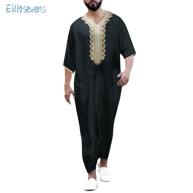 رداء رجالي إسلامي بأكمام قصيرة ، ملابس إسلامية ، طراز عربي عرقي قديم ، أفرول مطبوع بفتحة رقبة على شكل V