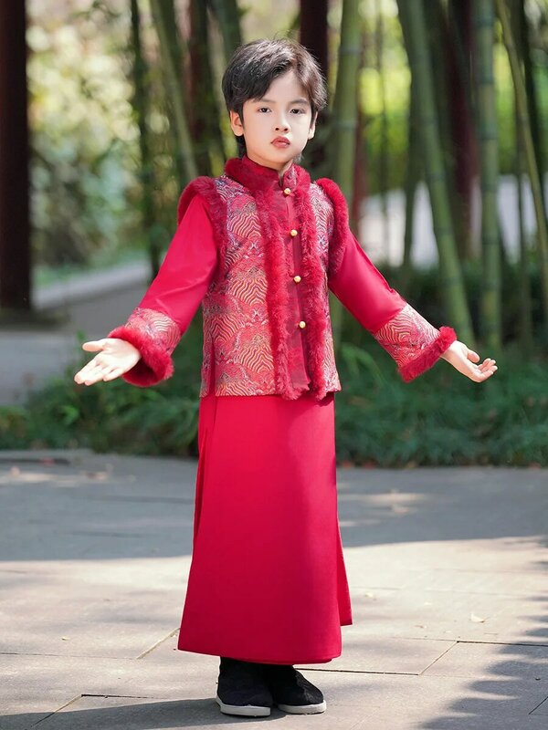 Зимний новый улучшенный костюм ханьфу для мальчиков в китайском стиле Красное Новогоднее поздравительное платье для девочек длинный халат с бархатным и теплым дизайном
