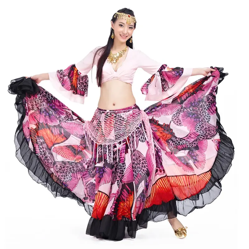 720 Grad Tanz kostüme Luxus Schmetterling Druck Frauen Bauchtanz Rock Spitze böhmischen Zigeuner weiblichen spanischen Flamenco Rock