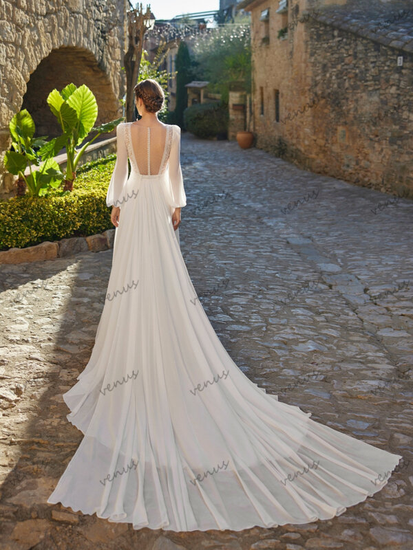 Bohema weselne sukienki w stylu Vintage suknie ślubne szyfonowe szaty o długości podłogi na formalne przyjęcie bufiaste rękawy Vestidos De Novia