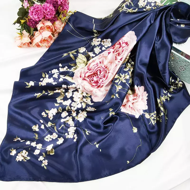 Hijab cetim de seda estampa floral para mulheres, lenço bandana, xales quadrados para senhoras, lenço no pescoço, lenço fashion, 90cm